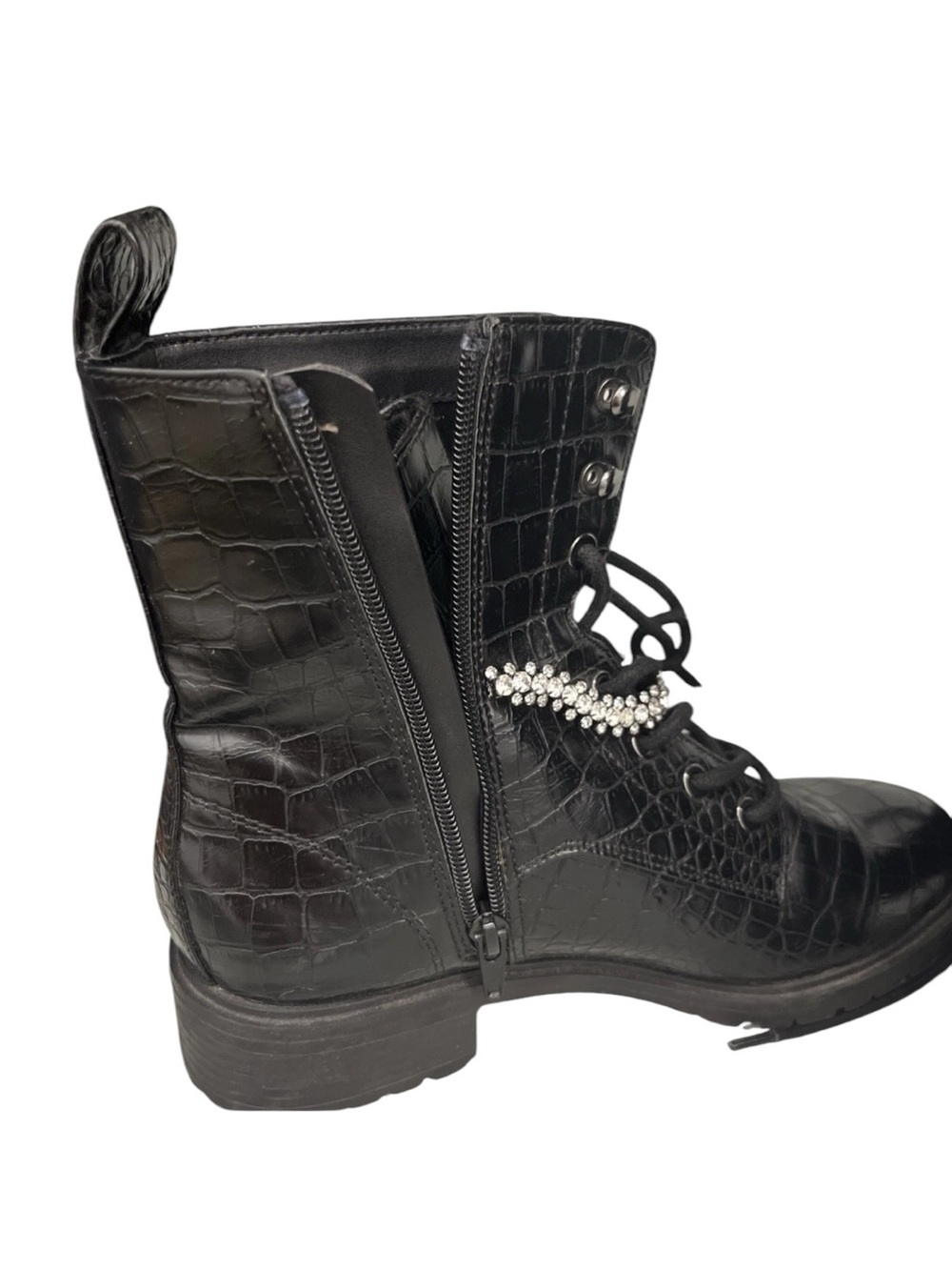 Express Black Croc-Embossed Lace-Up Boots with Rhinestone Strap 9 - Picture 5 of 6